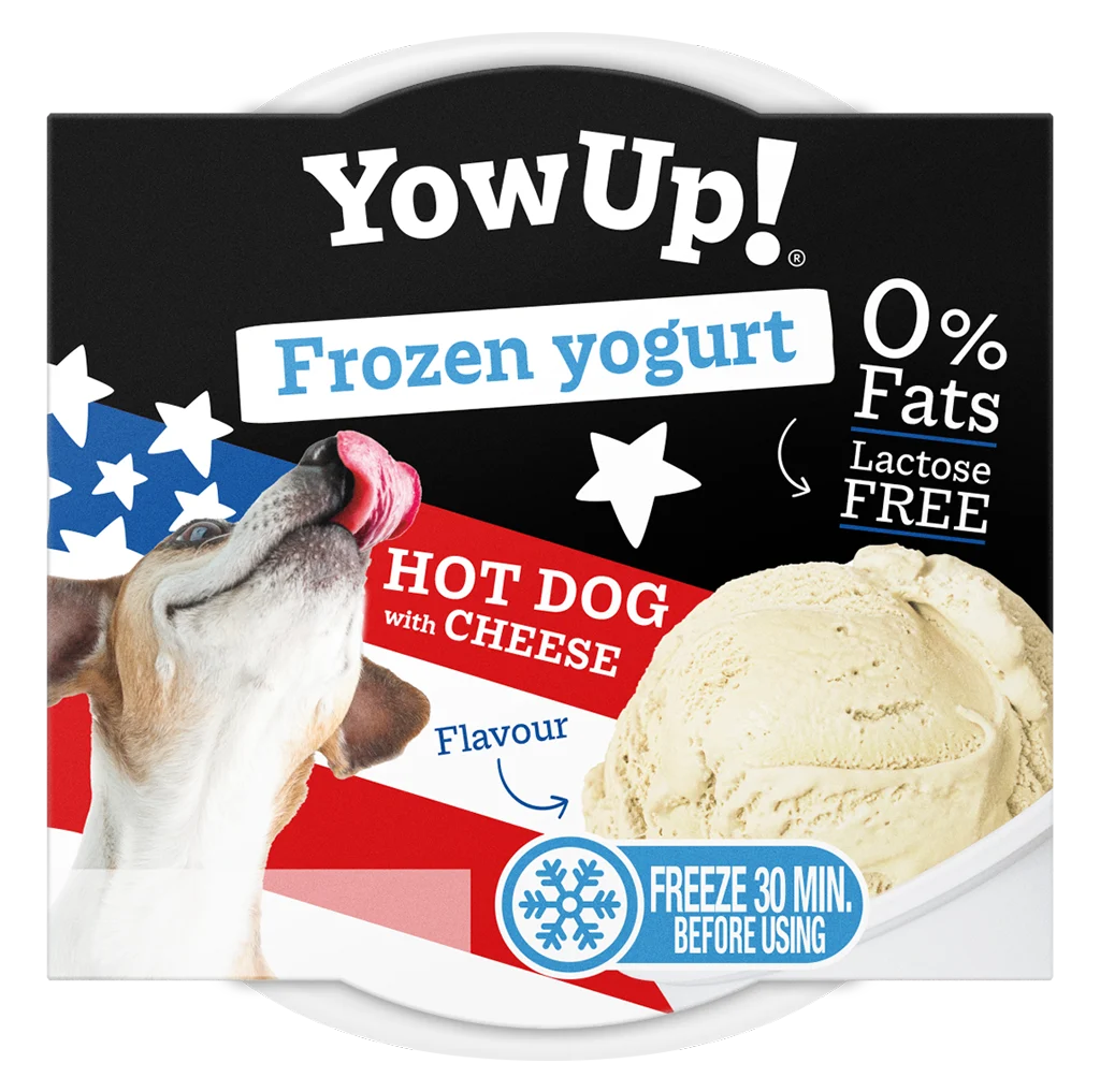 Mražený jogurtový pamlsek pro psy a kočky, hot dog se sýrem, 110 g – YowUp! Frozen Yoghurt Hot dog met Kaas - Obrázek 1