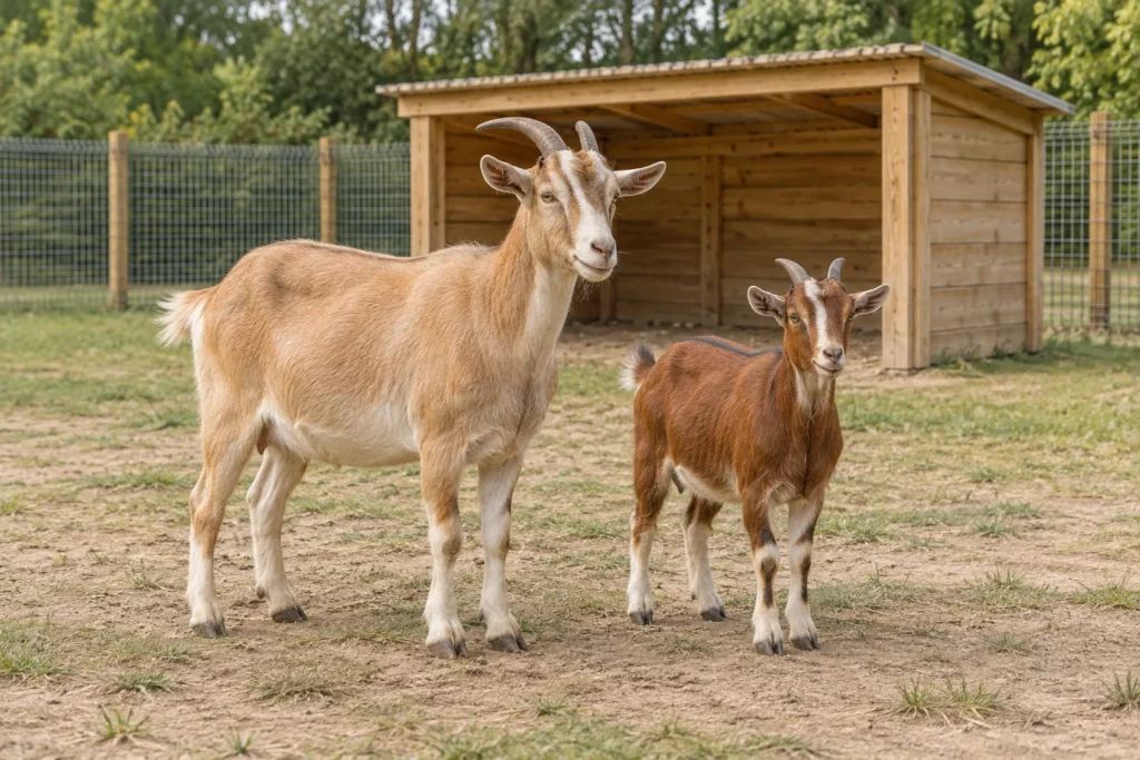 Dvě různě velké kozy na oplocené pastvině u dřevěného přístřešku.