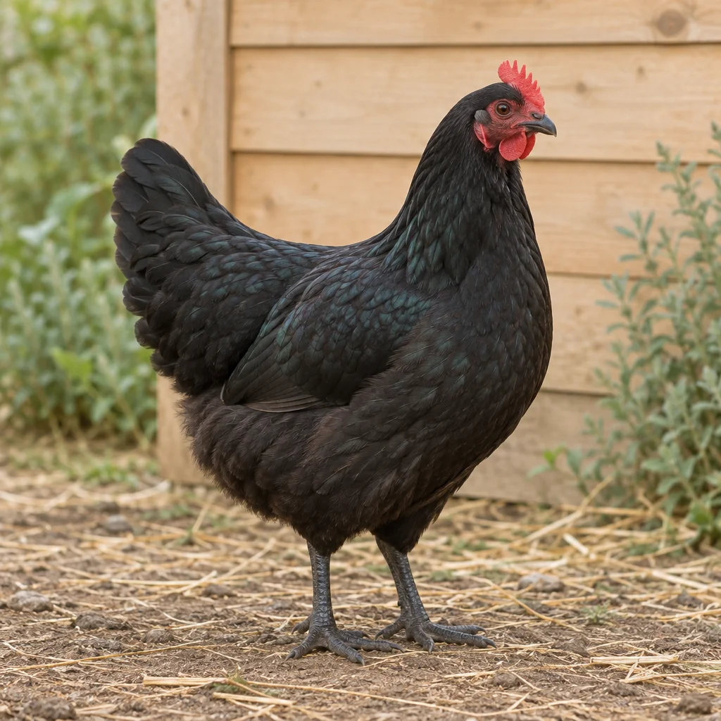 Ilustrace černé slepice Australorp s červeným hřebenem u dřevěného kurníku.