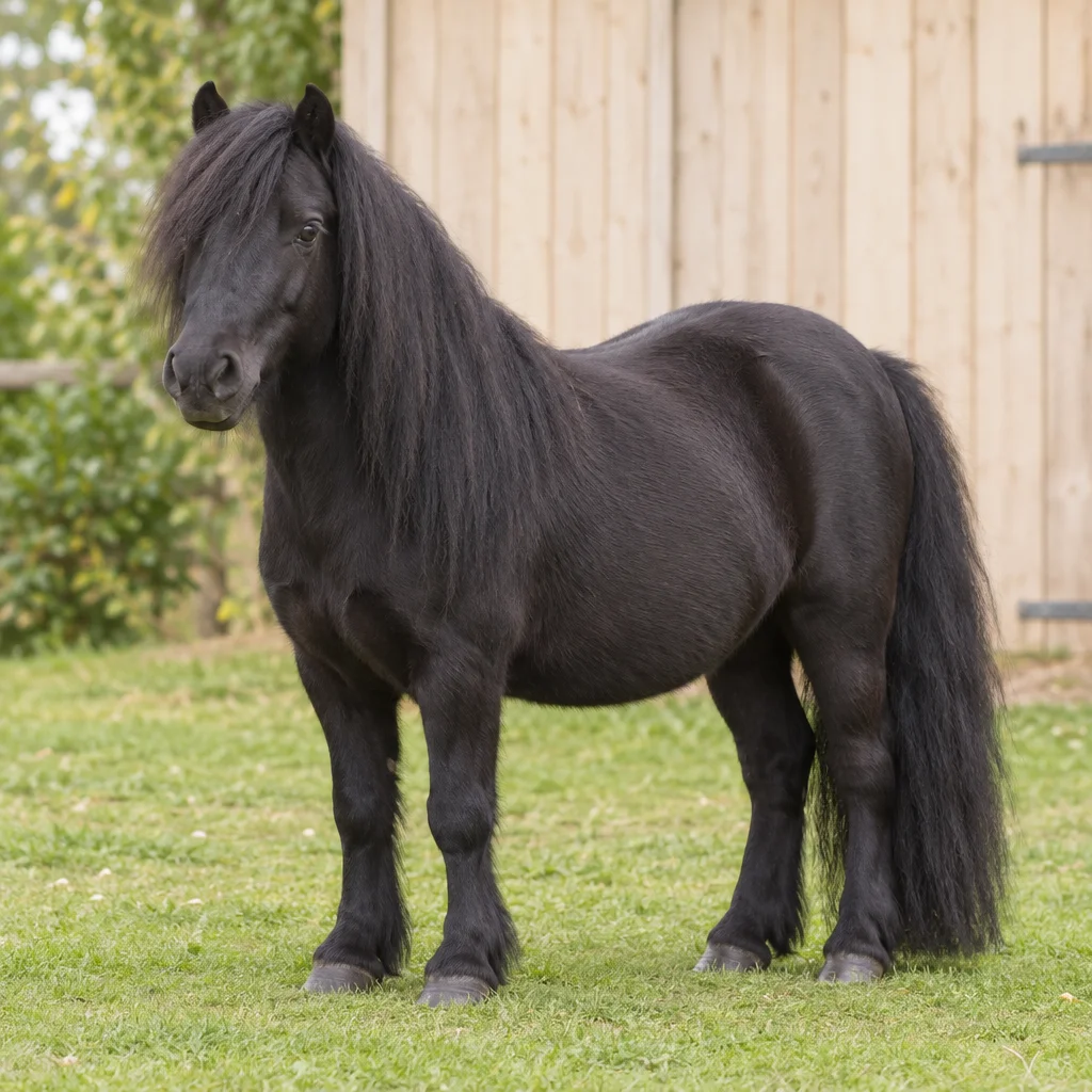 Černý pony s dlouhou hřívou a ocasem stojí na trávě před světlou dřevěnou stěnou.