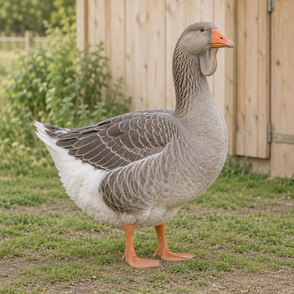 Šedá husa s kožním záhybem pod zobákem a oranžovýma nohama stojí na trávě u dřevěné kůlny.