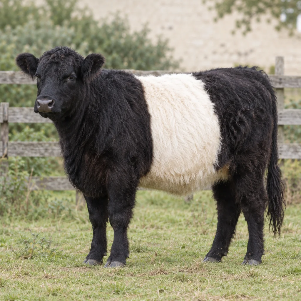 Ilustrace černého skotu Belted Galloway s huňatou srstí a širokým bílým pásem kolem trupu, stojícího na travnaté pastvině u dřevěného plotu.
