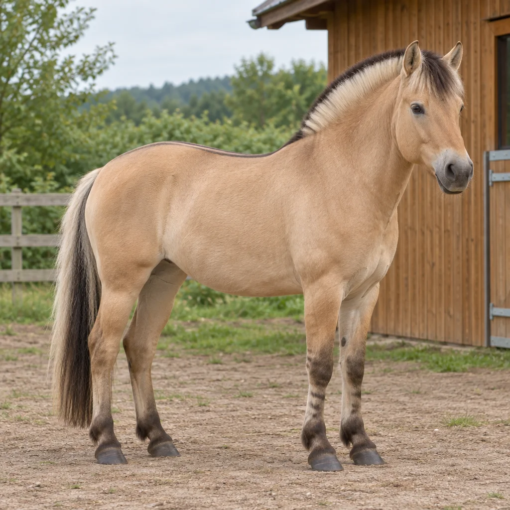 Plavý kůň s krátkou, vzpřímenou dvoubarevnou hřívou stojí u dřevěné stáje, viditelná jsou všechna jeho kopyta.