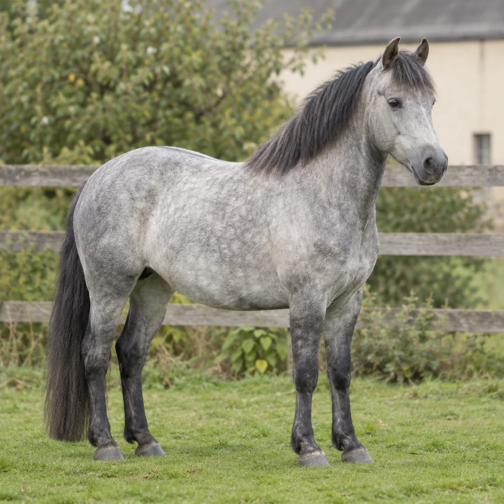 Šedý pony s tmavou hřívou a ocasem stojí na trávě před dřevěným plotem.