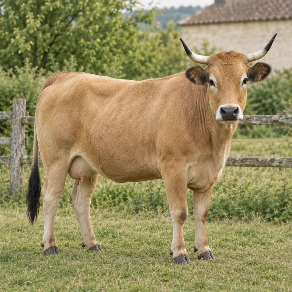 Světle hnědá kráva s rohy zahnutými vzhůru a tmavou štětkou na ocase stojí celá v záběru na pastvině u dřevěného plotu.