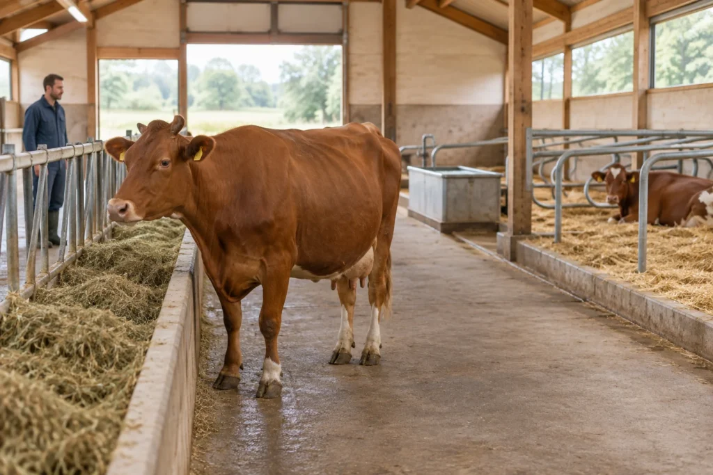 Hnědá kráva u místa ke krmení ve stáji, s napájecí nádobou, prostorem k ležení a ošetřovatelem za krmnou zábranou.