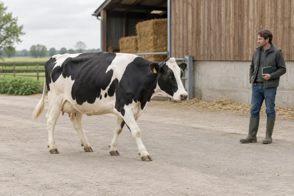 Černobílá kráva jde přes dvůr, zatímco ji zpovzdálí sleduje farmář, který drží v ruce zavřený zápisník.