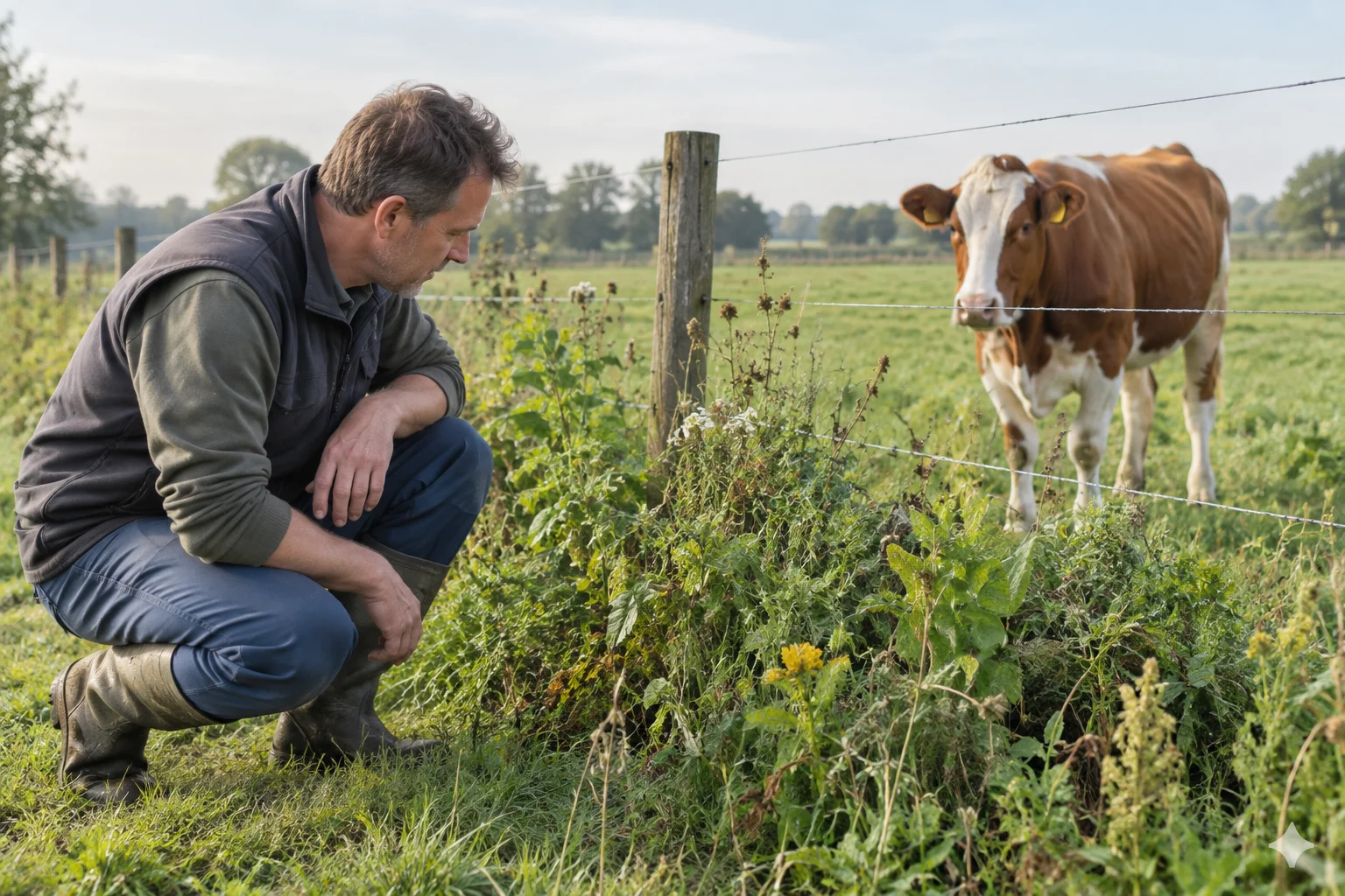 Farmář si prohlíží rostliny podél oplocení pastviny; za oplocením stojí kus skotu.