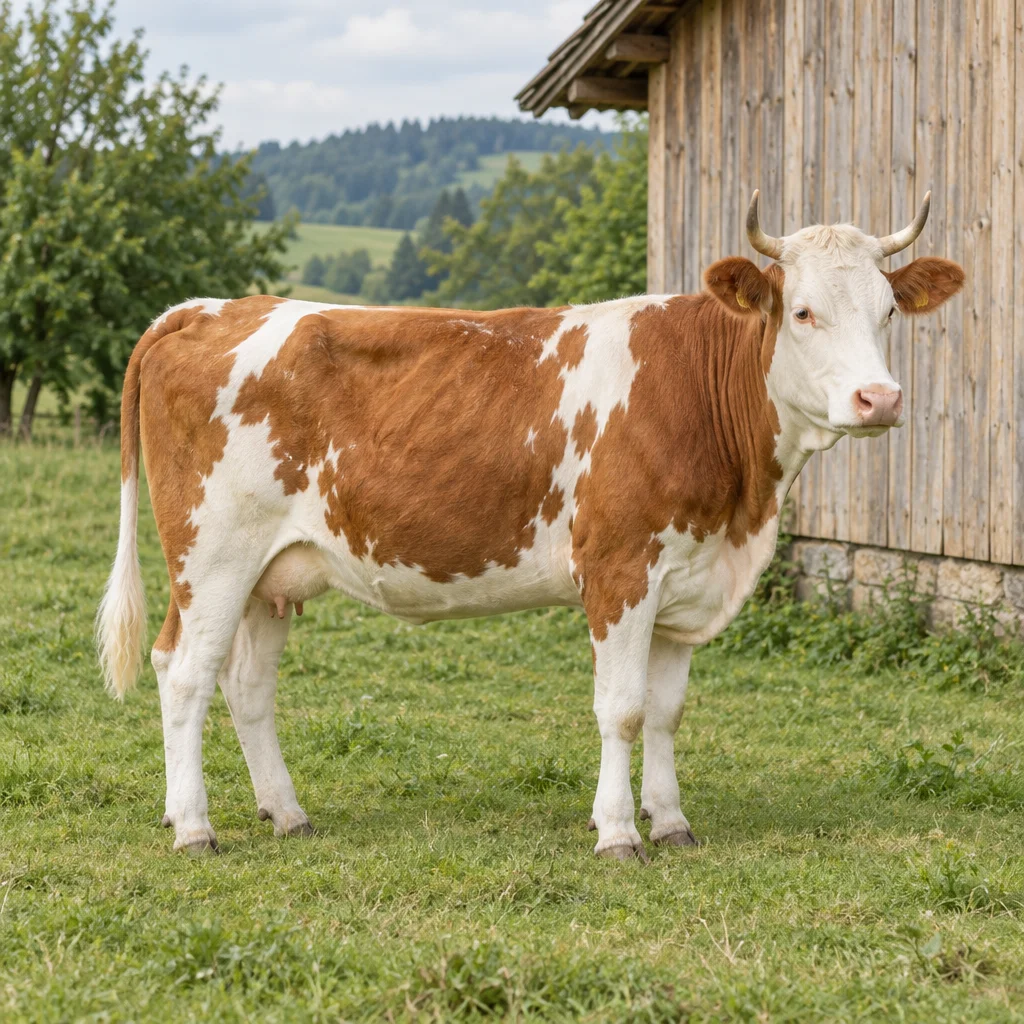 Červenobílý kus skotu s bílou hlavou a zahnutými rohy stojí na trávě vedle dřevěné stodoly.