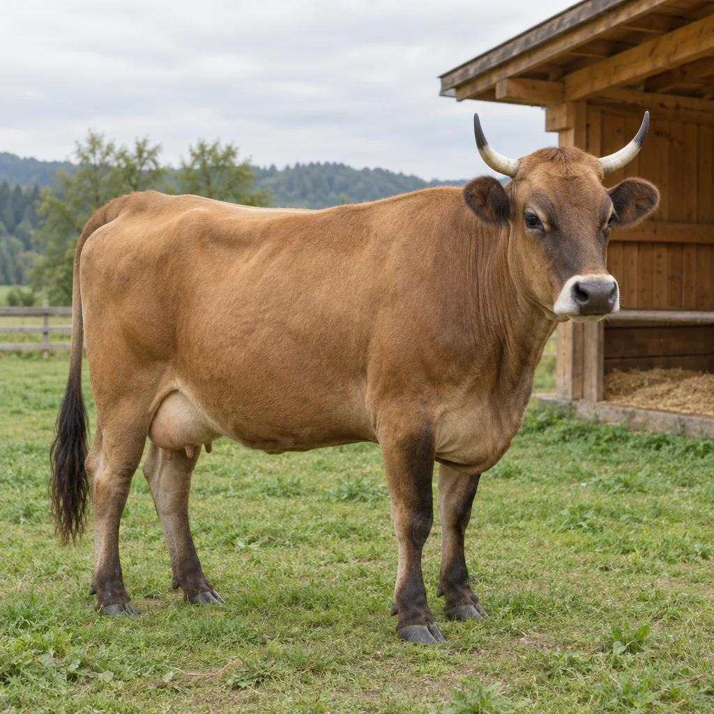 Hnědá kráva s tmavými končetinami, tmavým střapcem ocasu a světlými rohy s tmavými špičkami stojí na trávě vedle dřevěného přístřešku.