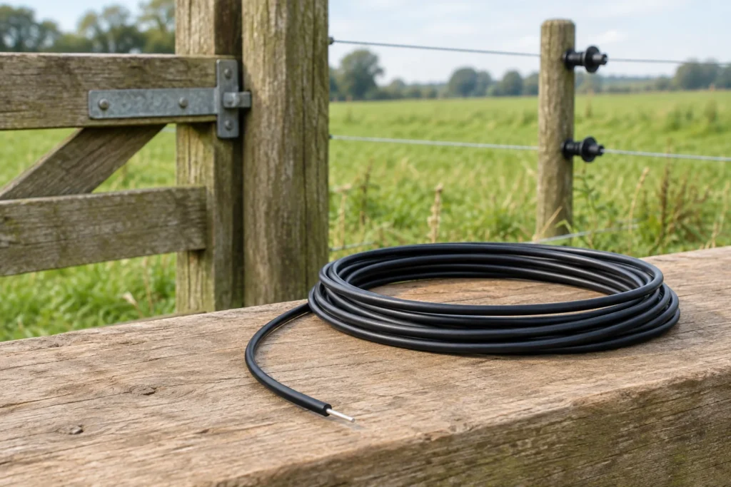 Svinutý černý izolovaný kabel pro elektrický ohradník s viditelným kovovým vodičem na dřevěném plotě u pastviny.