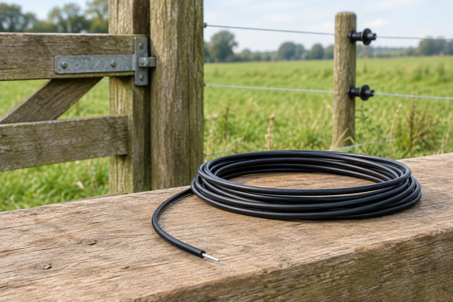 Svinutý černý izolovaný kabel pro elektrický ohradník s viditelným kovovým vodičem na dřevěném plotě u pastviny.