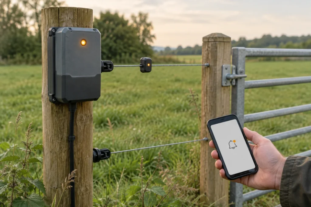 Kontrolka na elektrickém ohradníku, zařízení na dřevěném sloupku a telefon s ikonou upozornění.