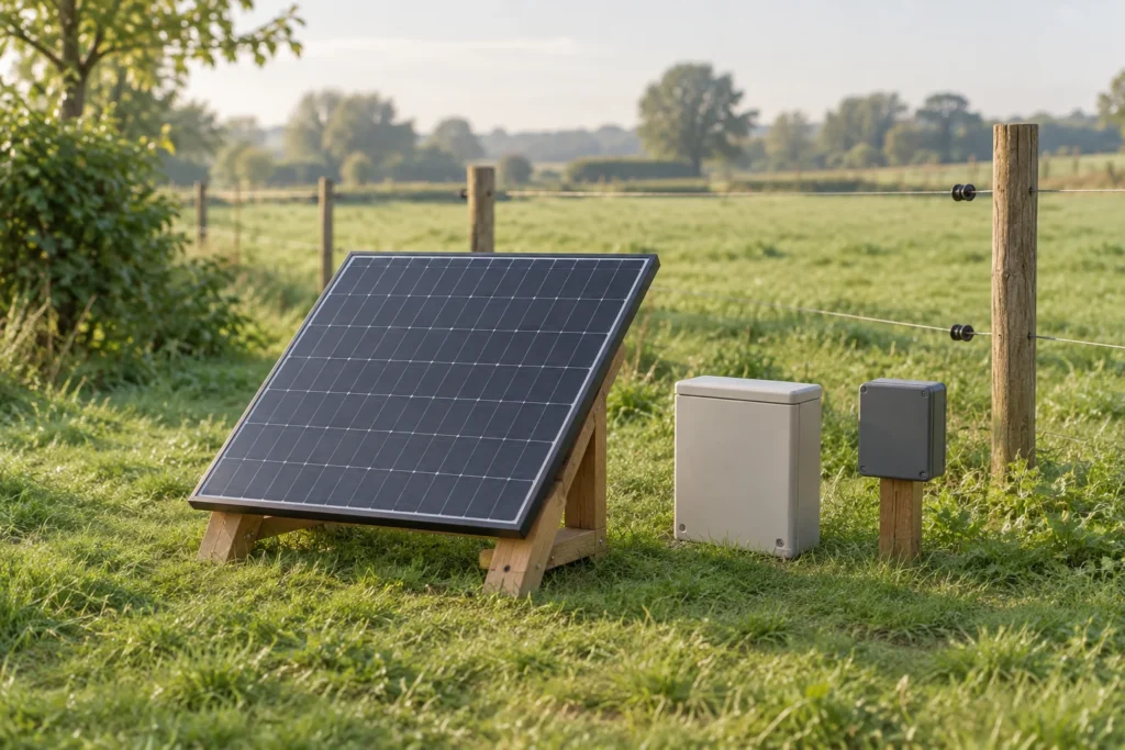 Solární panel na dřevěné podpěře vedle dvou uzavřených krytů v trávě, v pozadí ohradník.