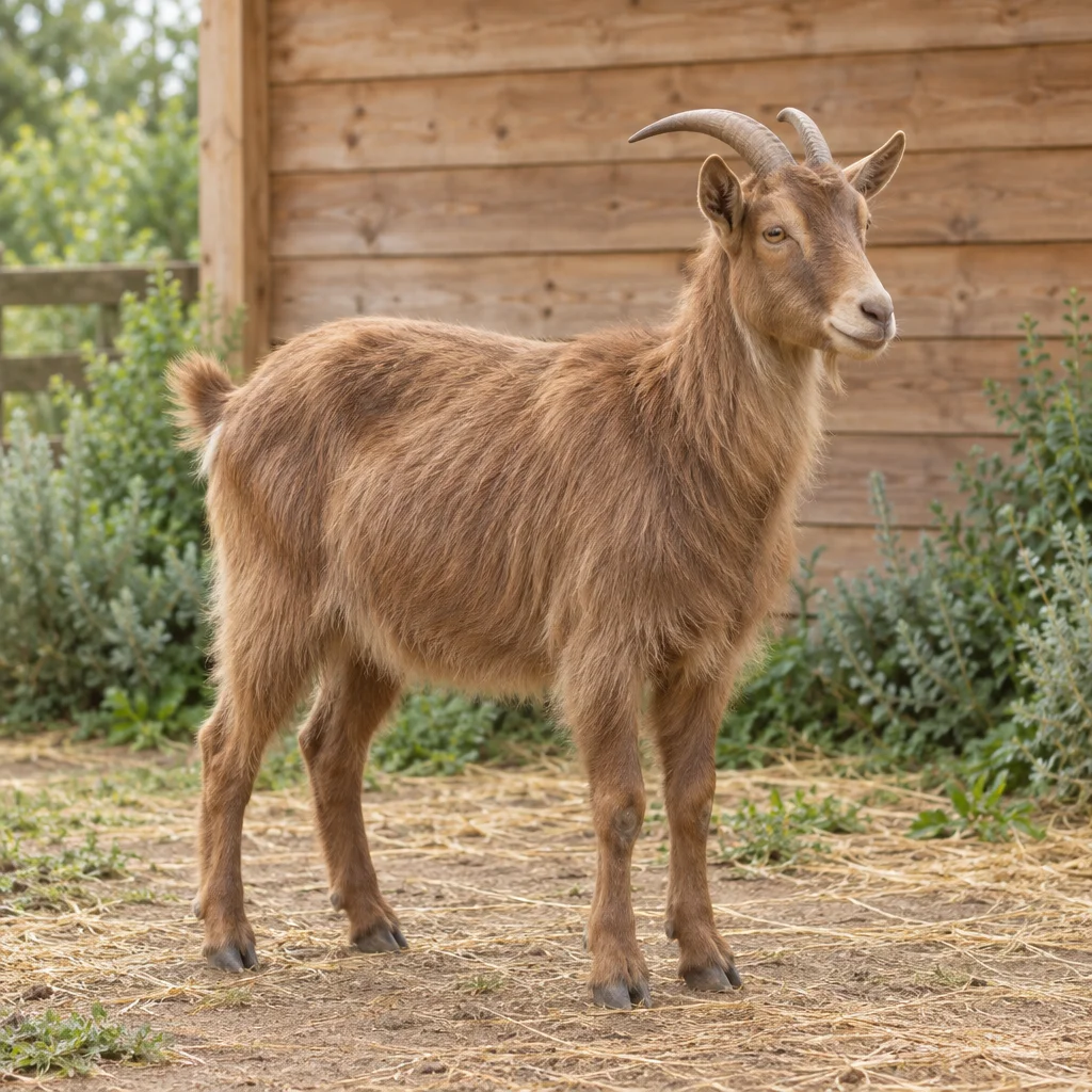 Dospělá hnědá rohatá koza je vidět celá před dřevěnou stodolou, v pozadí je zeleň a sláma.