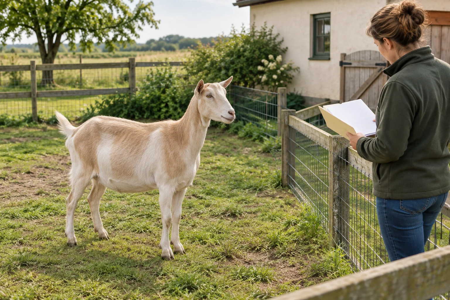 Světle hnědá koza stojí na oplocené pastvině, zatímco člověk u branky hledí na nepopsané papíry.