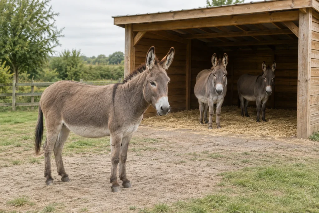 Tři osli u otevřeného dřevěného přístřešku; jeden stojí před ním a dva uvnitř na slámě.