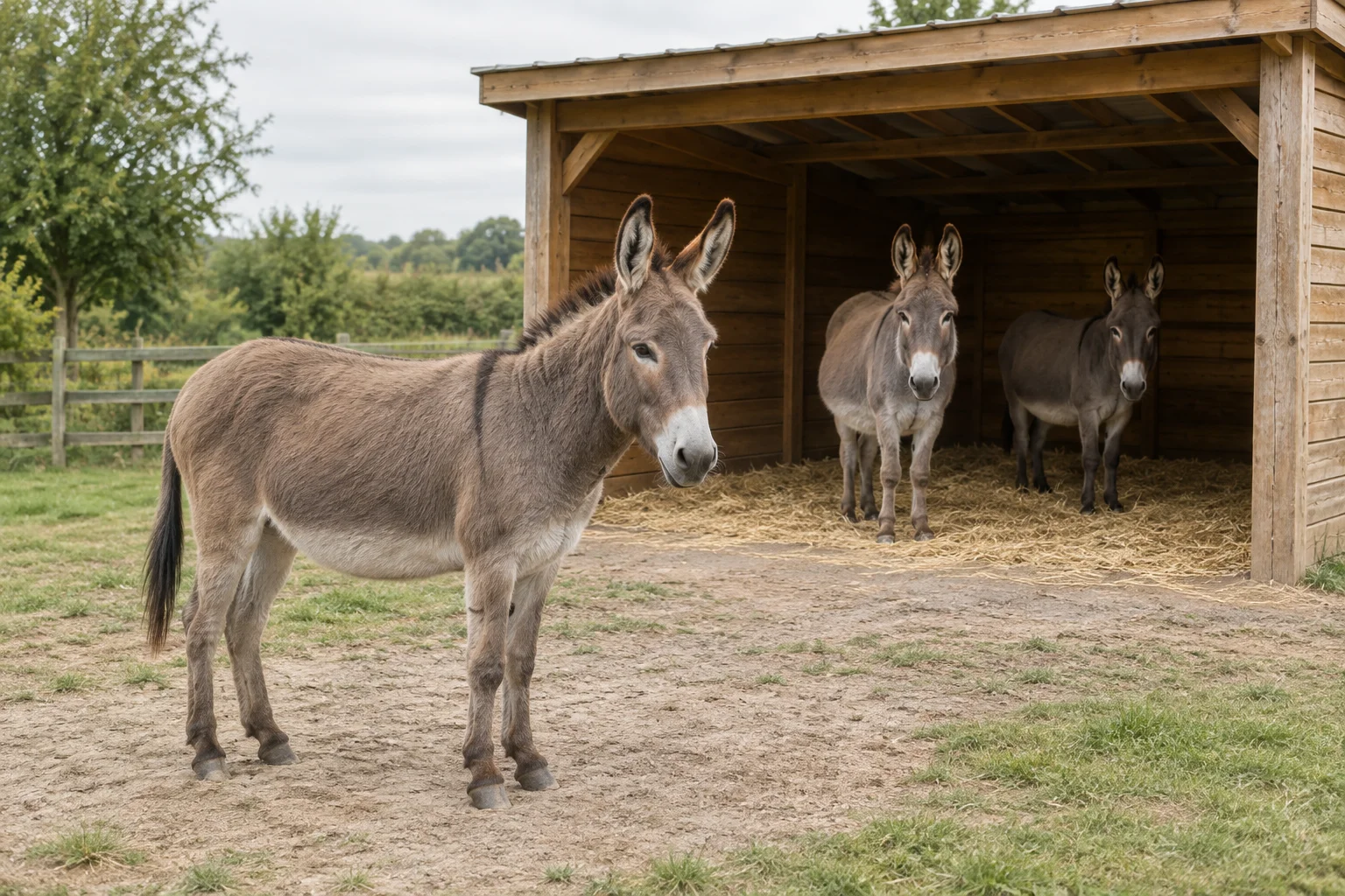 Tři osli u otevřeného dřevěného přístřešku; jeden stojí před ním a dva uvnitř na slámě.