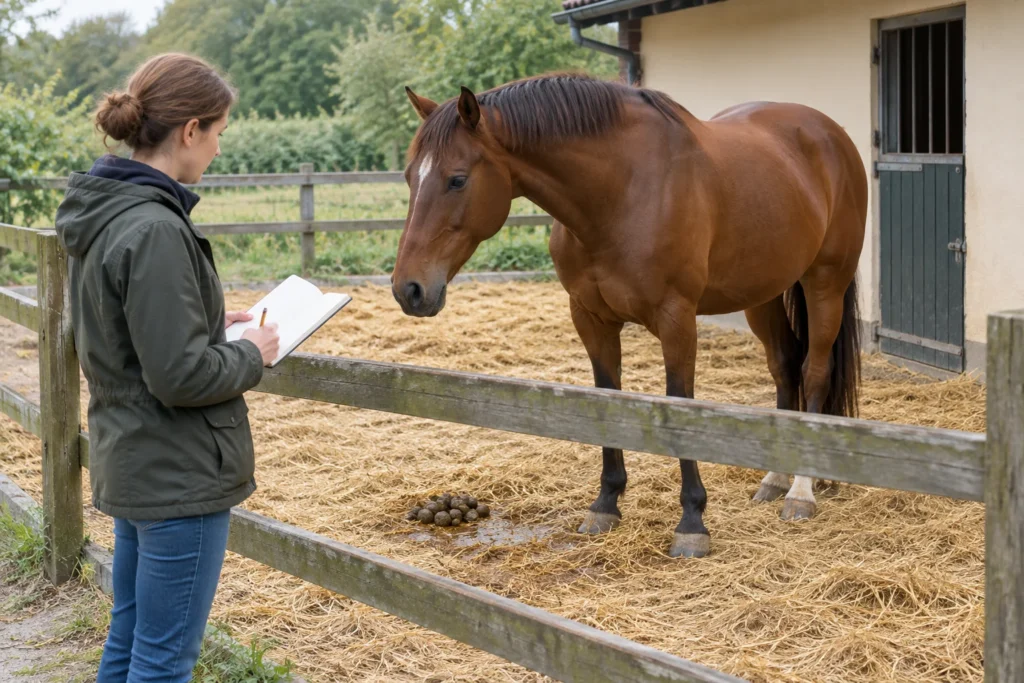 Hnědý kůň stojí u dřevěného oplocení. Žena drží otevřený zápisník; na slámě leží koňské kobližky vedle mokrého místa.