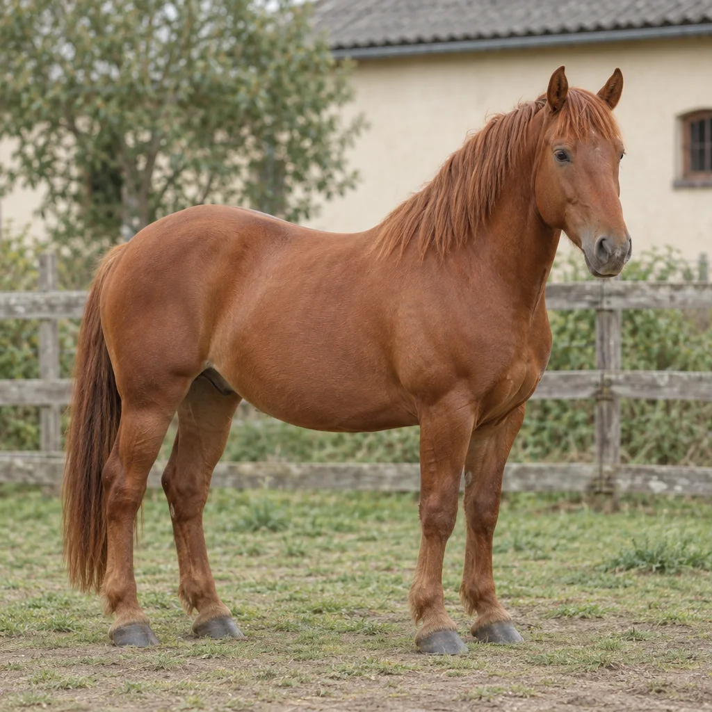 Kaštanově hnědý kůň stojí na oplocené pastvině, vidět jsou všechna čtyři kopyta a v pozadí je světlá budova stáje.