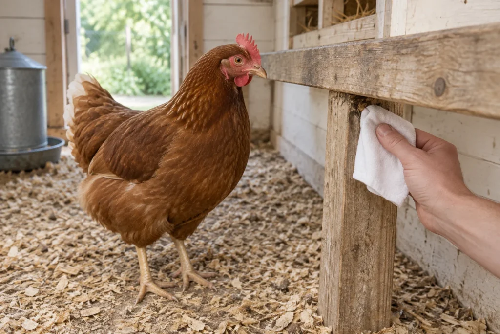 Hnědá slepice v dřevěném kurníku vedle ruky, která bílým hadříkem kontroluje spoj hřadu.