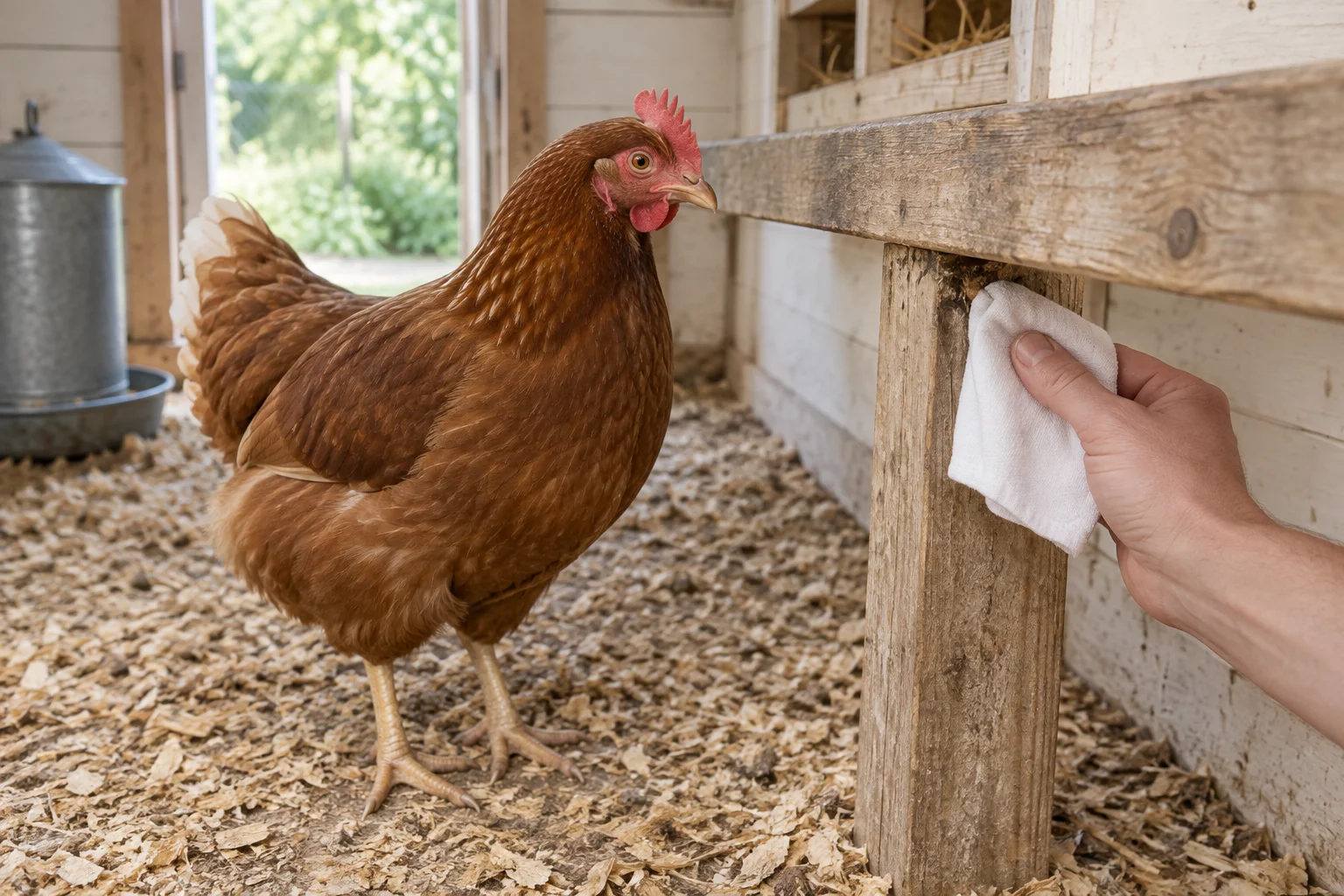 Hnědá slepice v dřevěném kurníku vedle ruky, která bílým hadříkem kontroluje spoj hřadu.