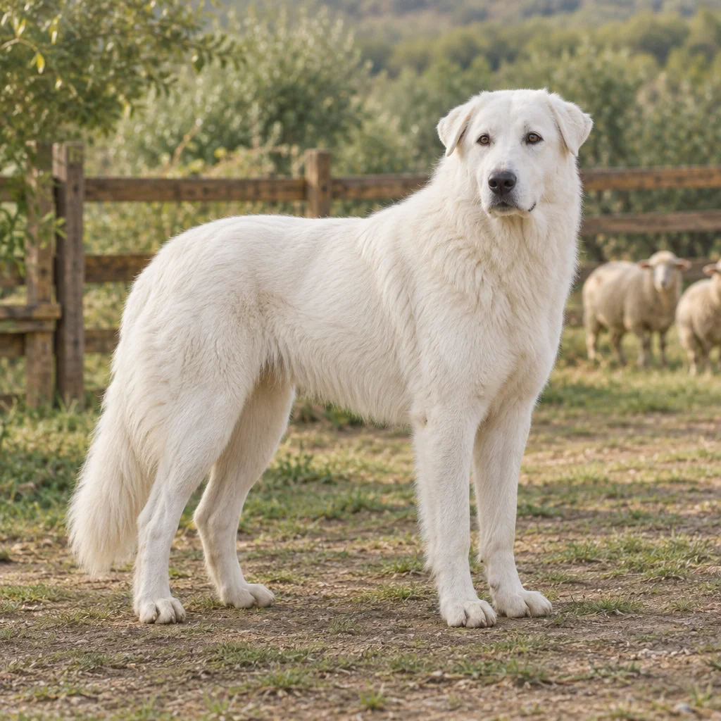 Ilustrace bílého pasteveckého psa Maremma Abruzzese u oplocení, v pozadí ovce.