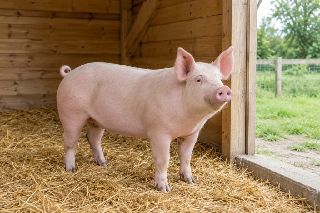 Světle růžové prase stojí na slámě v dřevěném přístřešku vedle otevřeného průchodu do oploceného zeleného venkovního prostoru.