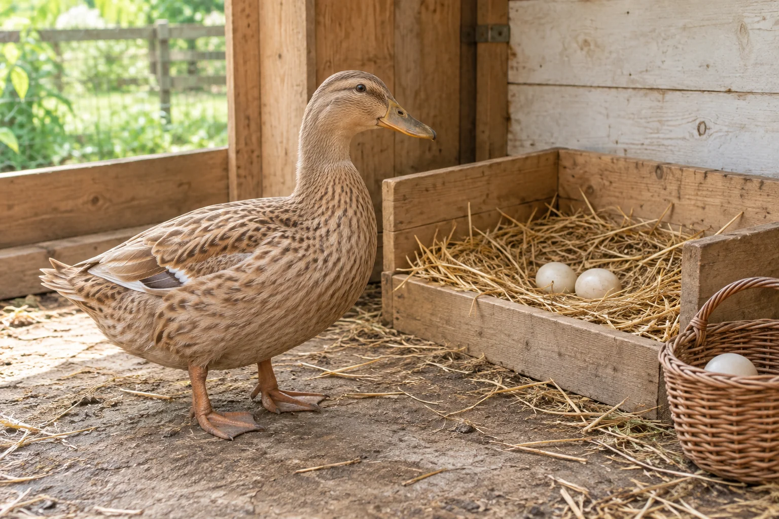 Hnědá kachna vedle nízkého dřevěného hnízda se slámou a dvěma vejci; v proutěném košíku leží další vejce.