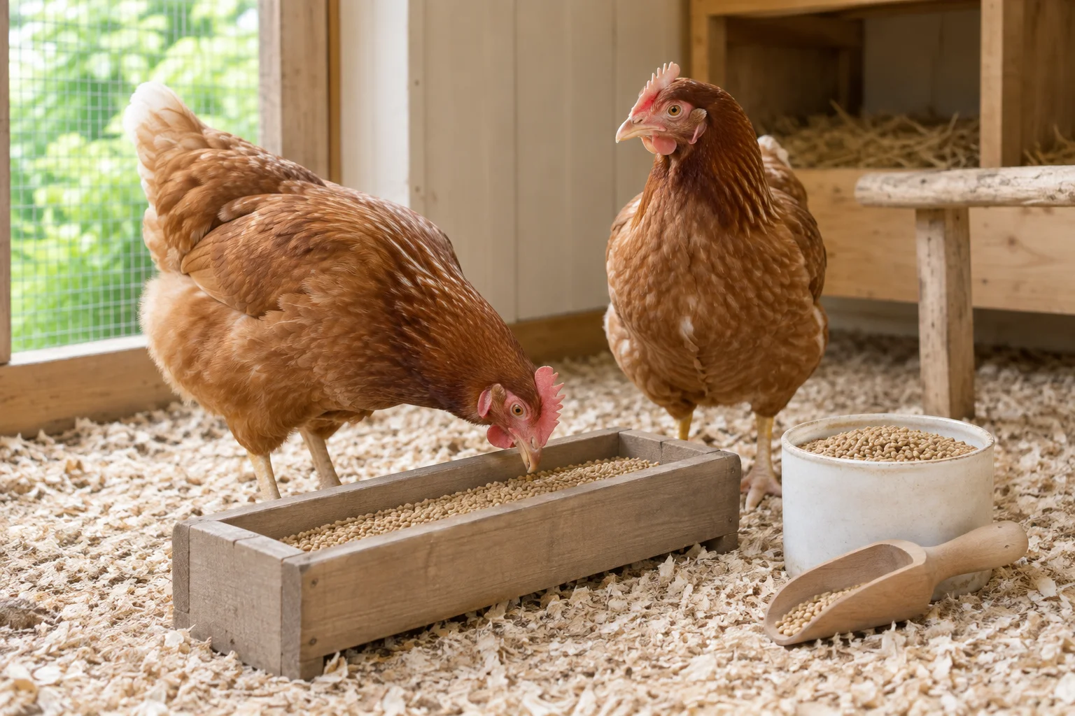 Dvě hnědé slepice v dřevěném kurníku; jedna zobá krmivo z krmítka. Vedle stojí nádoba s krmivem a leží dřevěná lopatka.
