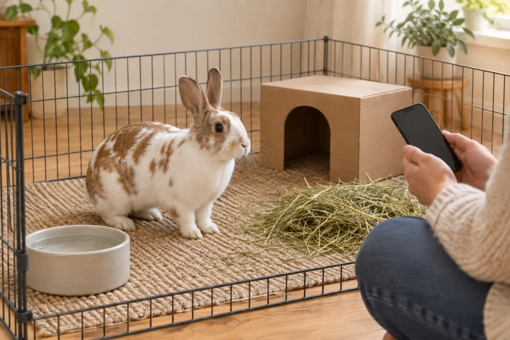 Hnědobílý králík ve vnitřní ohrádce se senem, miskou na vodu a kartonovým úkrytem; vedle něj někdo drží telefon.