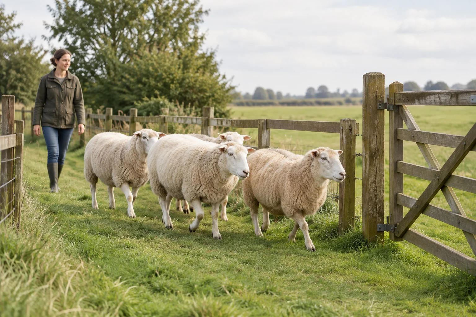 Čtyři ovce jdou po travnaté cestě podél dřevěného plotu, několik kroků za nimi jde člověk.