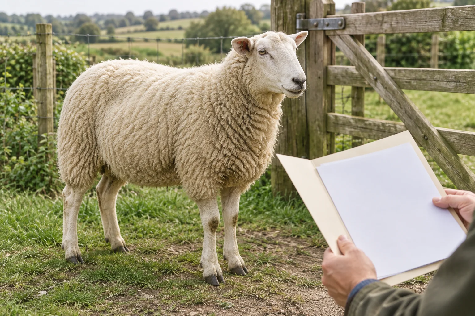 Ilustrace ovce u plotu vedle osoby s otevřenou složkou s prázdnými listy papíru.