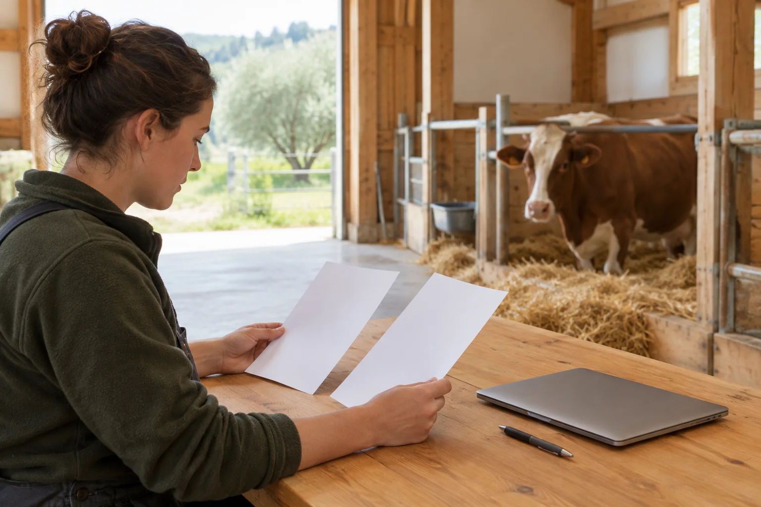 Žena si u dřevěného stolu ve stáji prohlíží dva prázdné listy papíru. Vedle ní leží zavřený notebook a pero; v pozadí stojí kráva.