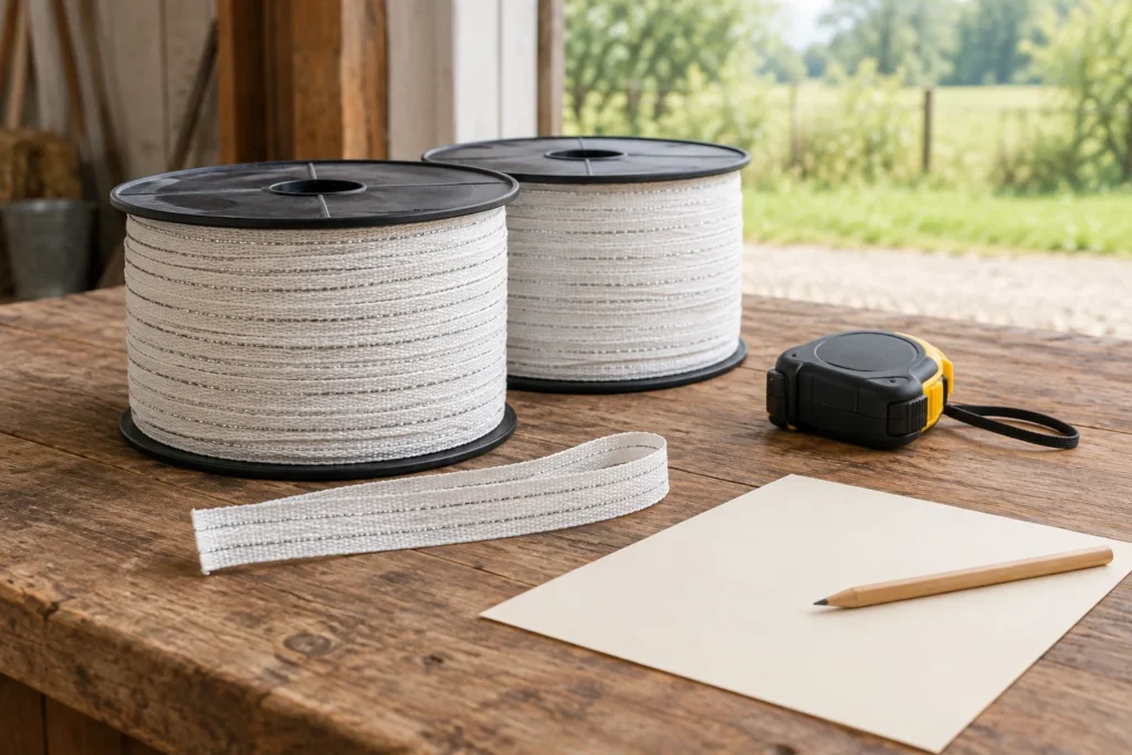 Dvě cívky bílé pásky pro elektrický ohradník s volným kusem pásky, svinovacím metrem, čistým papírem a tužkou na dřevěném stole.