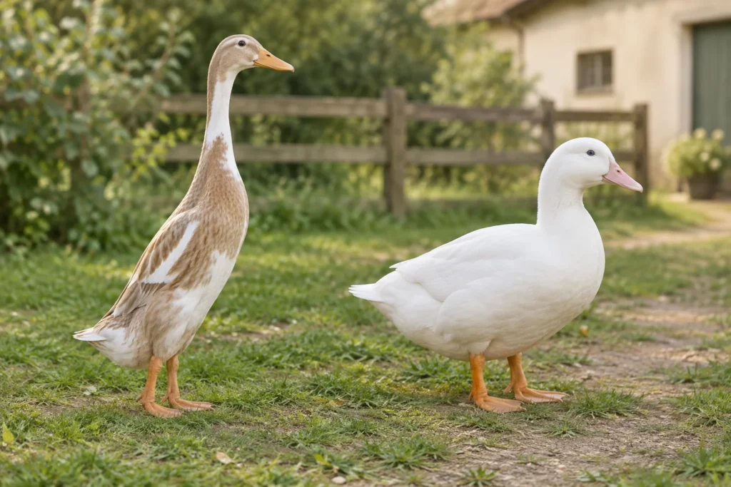 Štíhlá vzpřímeně stojící hnědobílá kachna a větší bílá kachna se světle růžovým zobákem stojí vedle sebe na dvoře.
